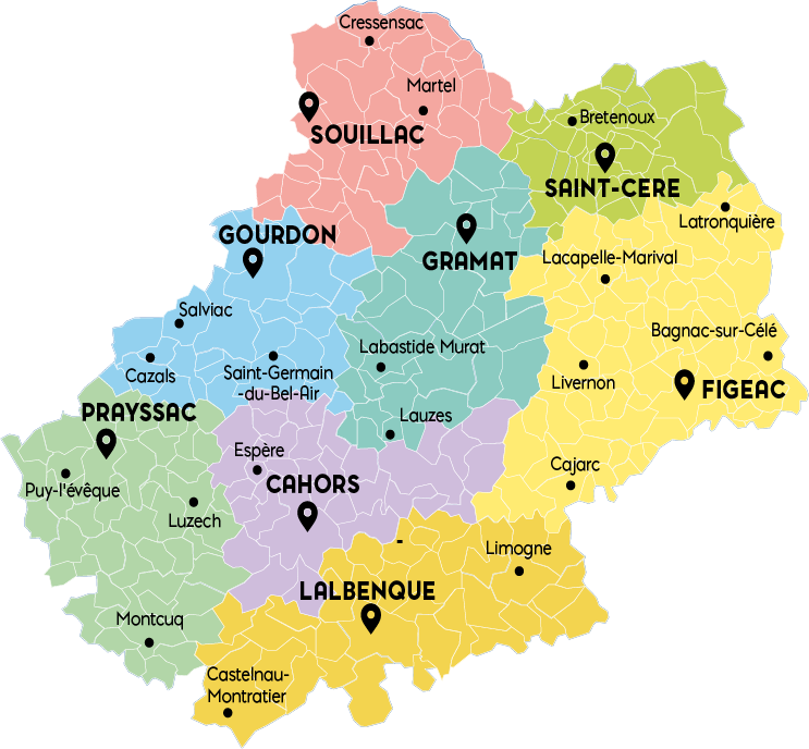 Carte du Lot avec les secteurs de Lot Aide à Domicile